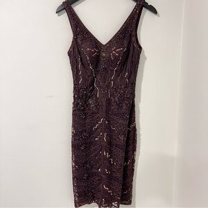 Sue Wong Nocturne Bead Brown Applique Dress Size 0 Y2K Formal Cocktail Holiday